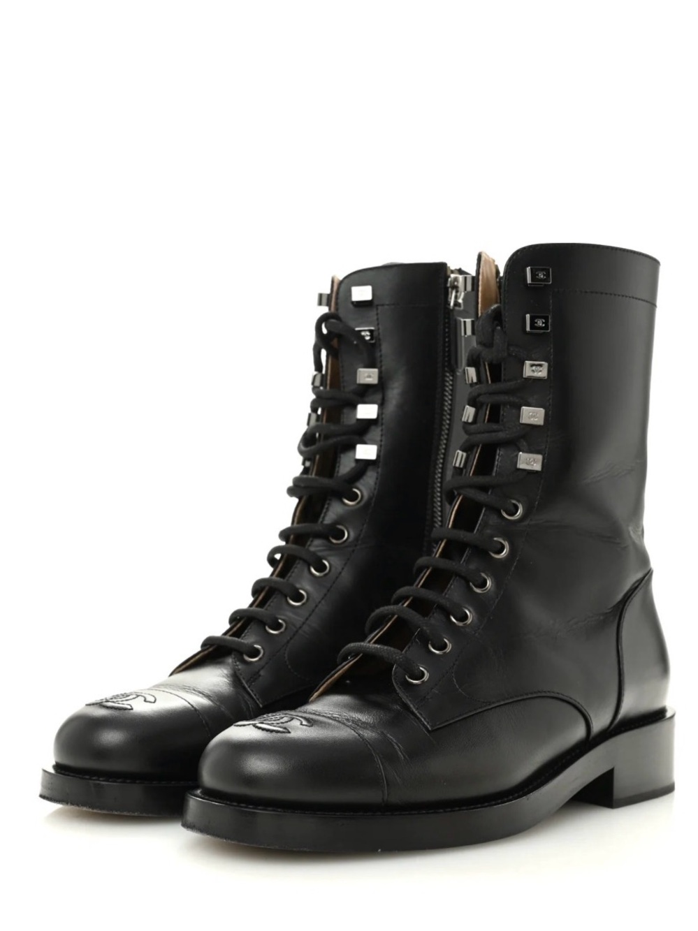 Chanel  Leather Lace-Up Moto Boots
